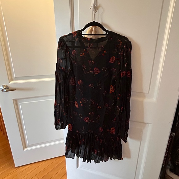 The Kooples Short printed dress with buttoned front black w/red flowers, size S - Picture 5 of 8